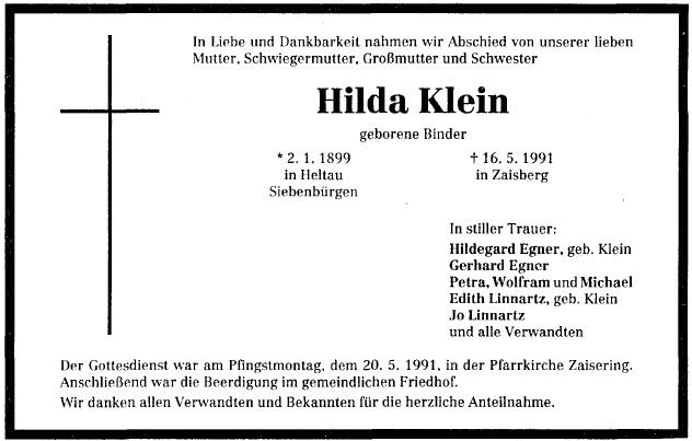 Binder Hilda 1899-1991 Todesanzeige